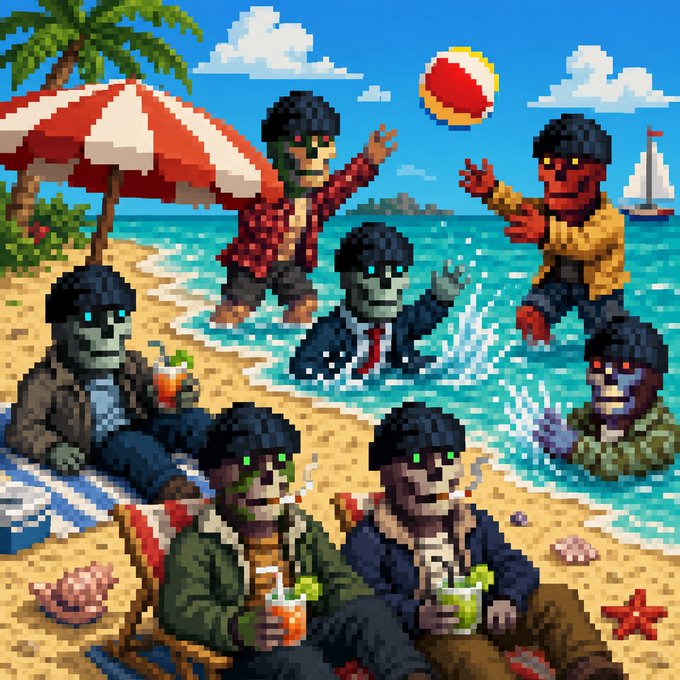 A pixel art scene depicting zombie-like apes enjoying a beach day, with some lounging on the sand with tropical drinks and others playing with a red and white beach ball in the water.