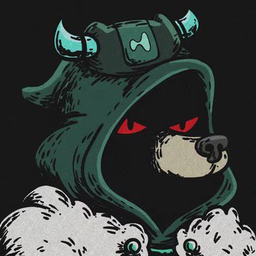 A cartoon illustration of a bear wearing a dark green hooded cloak with glowing red eyes and teal horns, set against a black background.
