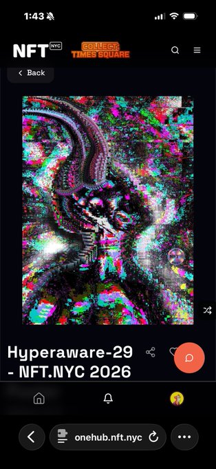 A mobile screenshot of NFT.NYC Times Square displaying a colorful abstract artwork titled 'Hyperaware-29 - NFT.NYC 2026'.