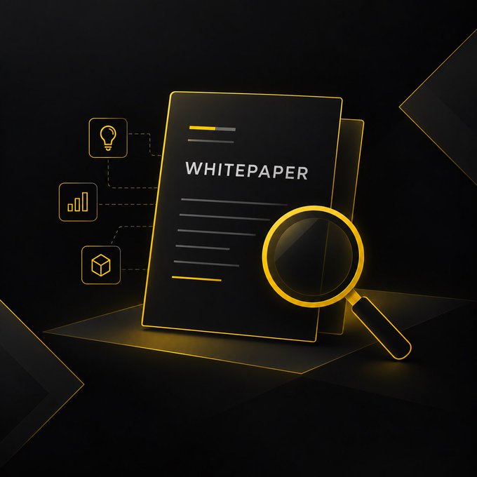A stylized 3D graphic shows a black document labeled 'WHITEPAPER' with a glowing yellow magnifying glass resting on top of it, surrounded by icons representing ideas, charts, and packages.