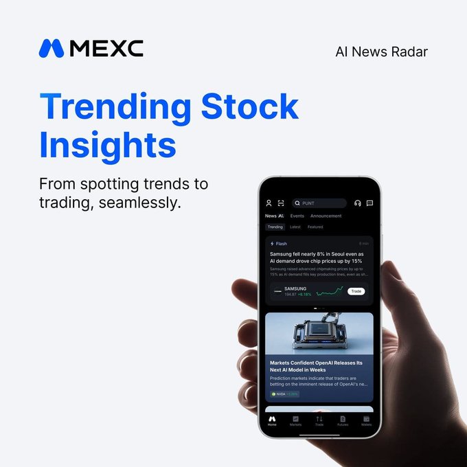 MEXC promotional graphic for its 'AI News Radar' feature, displaying 'Trending Stock Insights' alongside a hand holding a smartphone showing news about Samsung and Markets.com.
