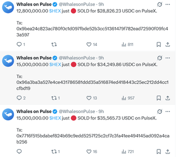 Three tweets from the 'Whales on Pulse' account (@WhalesonPulse) reporting large transactions of $SHEX tokens, including a 12,800,000.00 sale for $28,826.23 USDC, with visible transaction hashes.