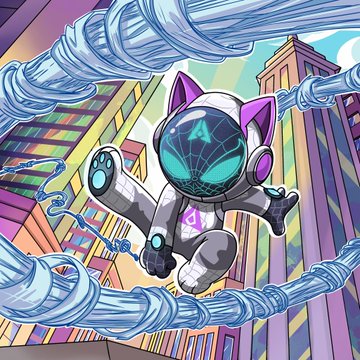 A digital illustration of a white and purple cat in a futuristic astronaut-style suit leaping dynamically through a stylized cityscape with swirling blue energy trails.