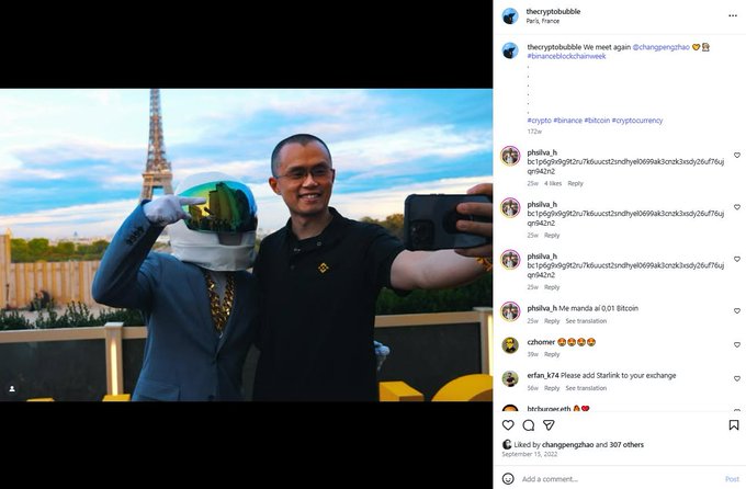 An Instagram post by 'thecryptobubble' shows two men in Paris with the Eiffel Tower in the background, captioned 'We meet again @changpengzhao #honestblockchainweek' with cryptocurrency-related comments below.