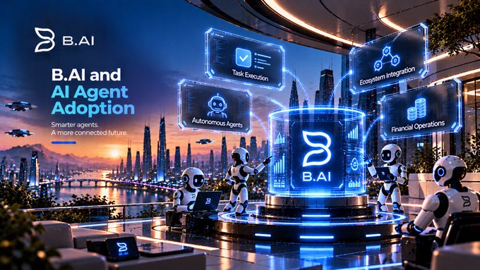 A promotional banner for 'B.AI' advertising 'AI Agent Adoption' with floating icons for Task Execution, Ecosystem Integration, Autonomous Agents, and Financial Operations, set against a futuristic cityscape.
