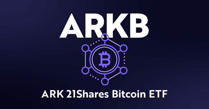 The image displays the ARKB ticker logo with a stylized Bitcoin symbol encased in a hexagonal network design, set against a dark purple background, with "ARK 21Shares Bitcoin ETF" text below—visually reinforcing the post's message of simple, clear bitcoin exposure through a single ticker.