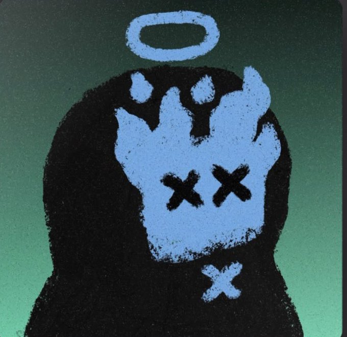 A Banksy-style stencil artwork on a dark green background showing a hooded figure with a white crown-like face mask, X's for eyes, and a halo above.