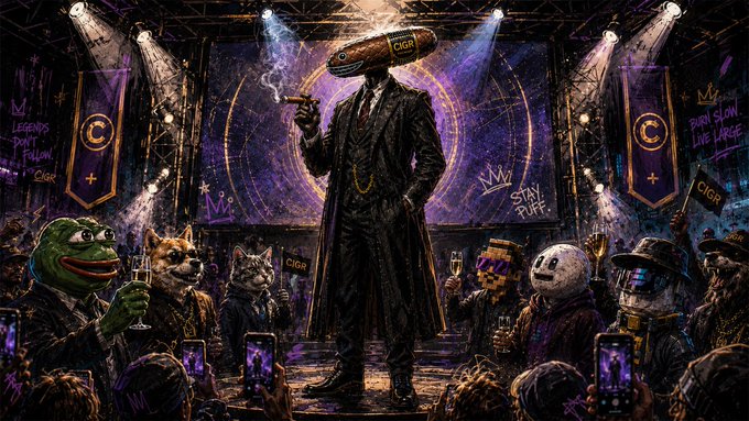 An illustrated scene of a crypto-themed concert venue featuring a mysterious suited figure with a cigar as the headliner, while various meme coin characters (Pepe, Doge, Shiba Inu) watch from the audience, with banners and graffiti referencing CIGAR token and phrases like 'LEGENDS DON'T FOLLOW' and 'STAY PUFF'.