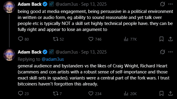 A screenshot of two tweets from Blockstream CEO Adam Back (@adam3us) dated Sep 13, 2025, where he discusses how technical people often lose arguments despite being right, and in a reply refers to figures like Craig Wright, Richard Heart, and others as "scammers and con artists" with "robust sense of self-importance." The image directly supports the accusation that Back labeled the poster a "scammer and con-artist."