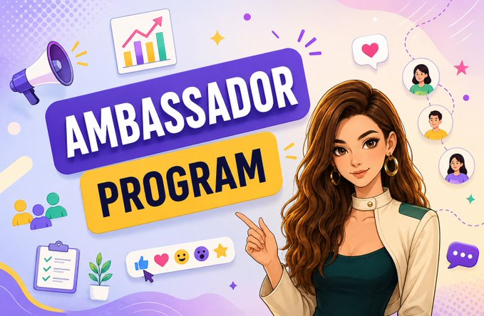 A promotional graphic for an 'AMBASSADOR PROGRAM' featuring an illustrated woman pointing to text, surrounded by icons like a megaphone, charts, and chat bubbles.
