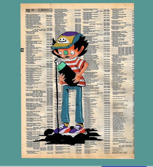 A character illustration of a boy wearing a skull cap and goggles, holding a dark bottle, drawn over a backdrop of dense financial stock listings in Portuguese.