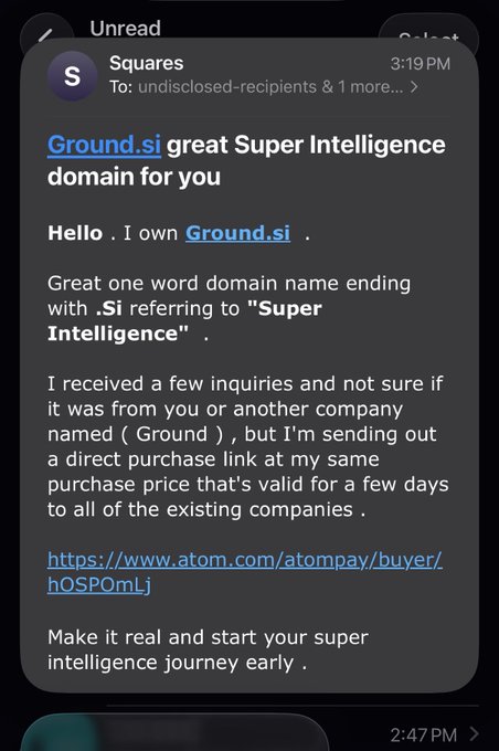 A screenshot of an email from "Squares" advertising the domain name Ground.si, describing it as a great "Super Intelligence" domain with a purchase link via atom.com.