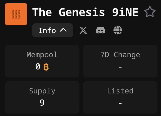Stats panel for an NFT collection titled "The Genesis 9iNE" showing Mempool: 0, 7D Change: -, Supply: 9, and Listed: -.