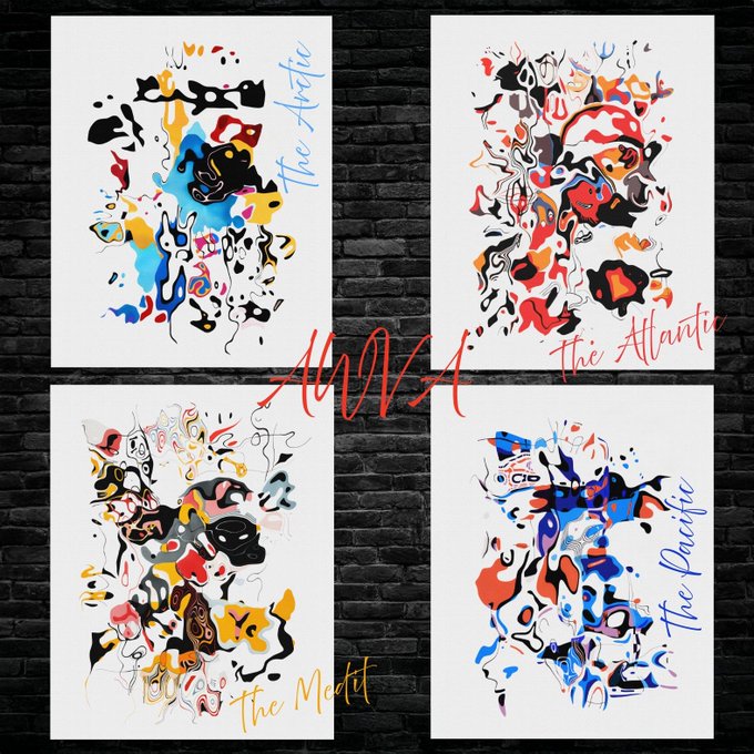 Four abstract expressionist paintings on white paper displayed against a brick wall, each labeled with handwritten text: "the Arctic", "the Atlantic", "the Mediterranean", and "the Pacific", with red "MMXXI" in the center.