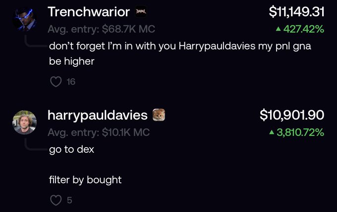 The image shows a crypto trading leaderboard comparing "Trenchwarrior" with a $11,149.31 profit (▲427.42%) at an avg. entry of $68.7K MC and "harrypauldavies" with a $10,901.90 profit (▲3,810.72%) at an avg. entry of $10.1K MC, supporting the post's claim of "percentage mogging" since harrypauldavies achieved a nearly 10x higher percentage gain despite a slightly smaller position.