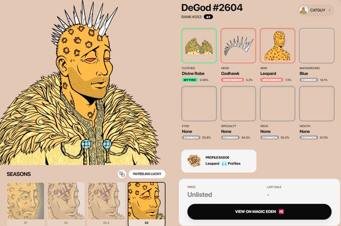 A DeGods NFT #2604 profile page showing a deity figure with leopard-print skin and spiked crown, featuring traits including Divine Robe (Mythic) and Godhawk (Uncommon) head.