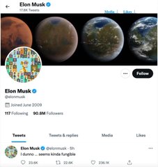 An X (formerly Twitter) profile page for 'Elon Musk' (@elonmusk) with '117 Following' and '90.8M Followers', showing a banner of planets and a profile picture.