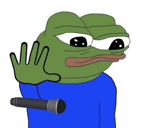 A sad-looking Pepe the Frog meme holds up a hand while a microphone points at him, symbolizing a plea for community consensus that "wallet address" universally refers to an ENS handle like the poster's "jcurve.eth." The image reinforces the post's request for agreement within the crypto/EVM community.