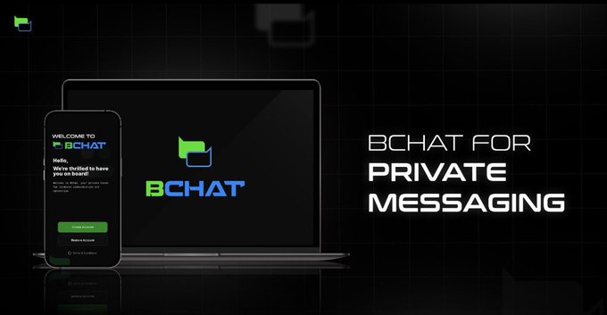 The image is a promotional graphic for "BCHAT" displaying a smartphone and laptop showing the app interface, alongside text reading "BCHAT FOR PRIVATE MESSAGING." This aligns with the post's theme of Beldex's ongoing development toward private communication technology and privacy being built into the user experience from the start.