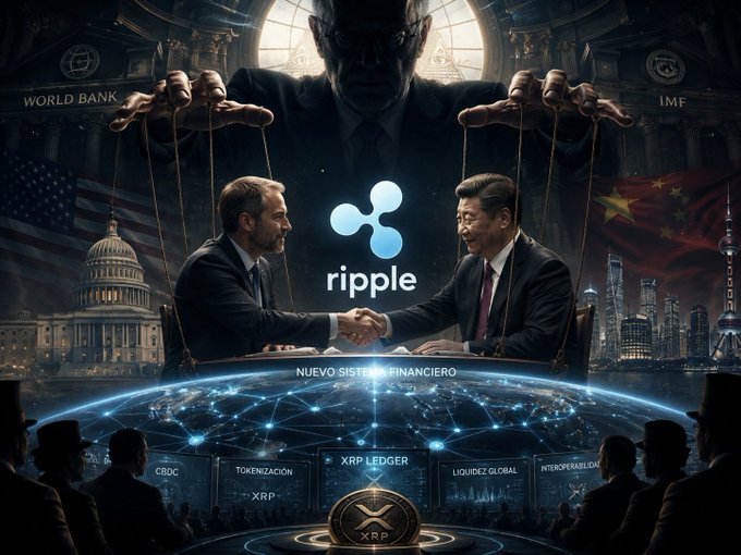 A promotional image showing two political figures shaking hands over a desk, with the Ripple logo in the center, surrounded by imagery of the World Bank, IMF, and a digital globe labeled 'NUEVO SISTEMA FINANCIERO' and 'XRP LEDGER'.