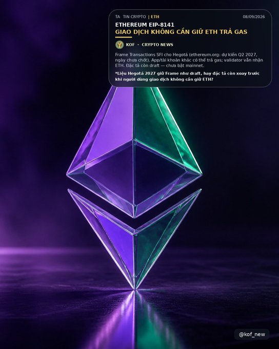 A crypto news graphic featuring a 3D Ethereum logo in purple and green with Vietnamese text about EIP-8141, discussing transactions without holding ETH for gas (Frame: Transactions SFI for Hegotà, dated 08/09/2026, by @kof_new).