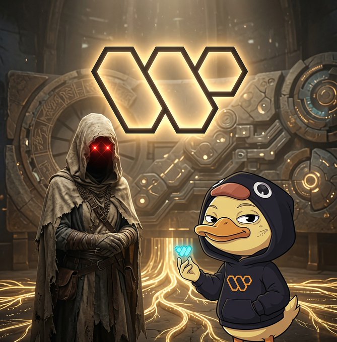 A mysterious hooded figure with glowing red eyes stands beside a cartoon duck mascot wearing a black hoodie, set against an ornate backdrop featuring the Wallchain "W" logo. The image symbolizes the blend of AI-driven conversation analysis (the hooded figure) with the approachable, community-focused brand identity (the duck mascot), reinforcing the post's theme of sorting through social media noise for meaningful engagement.