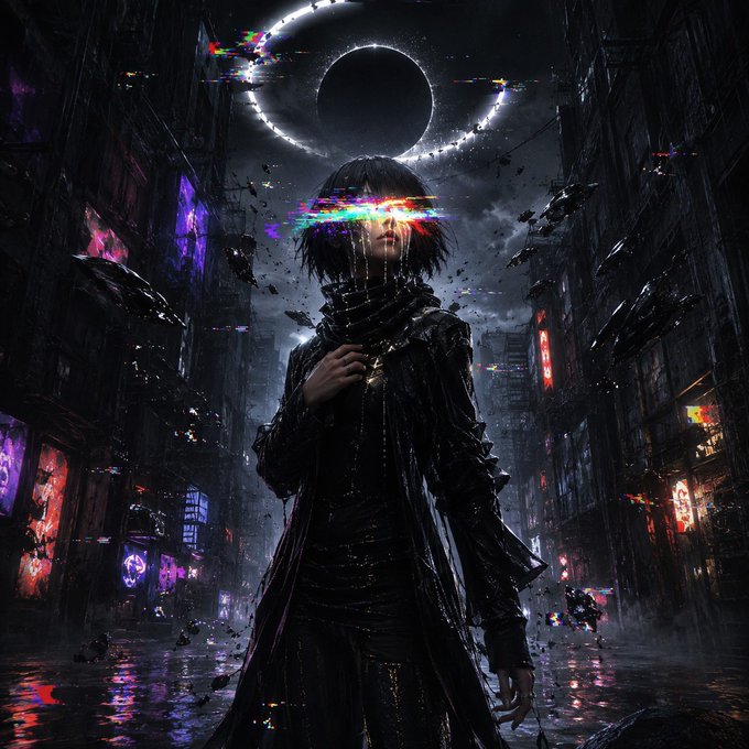 A dark cyberpunk-style digital artwork featuring a character with glowing rainbow-colored eyes in a rainy dystopian city street, with a solar eclipse visible in the sky above.