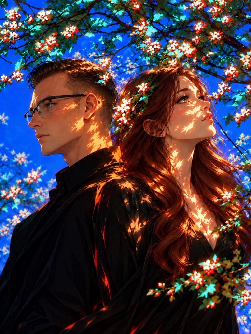 A vibrant digital artwork depicting a man with glasses and a woman with long auburn hair in black clothing, standing back-to-back among blooming white flowers against a deep blue sky.