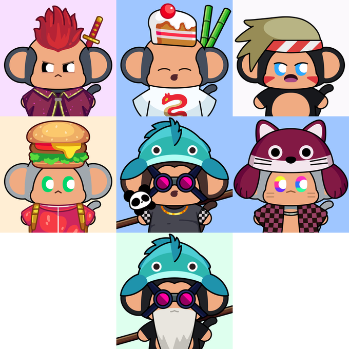 A collage of seven cartoon monkey characters in various costumes, including a samurai, chef, cat, burger, and wizard.