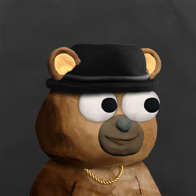 A 3D-rendered brown bear character wearing a black bowler hat and a gold chain necklace against a dark background.