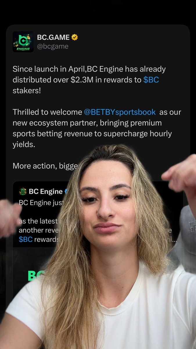 The image features a young woman holding her hands up, possibly posing for a photo or making a gesture. The main content of the image is an advertisement for a social media platform called BC Game. It showcases the benefits and rewards of using BC Game for sports betting. The text highlights that since April.engine has launched, it has already distributed over $54M in reward to holders, which is shared with the users now loading the site. This means that every bet on BC Game results in a larger reward compared to traditional sporting venues or gambling apps like Betfair.