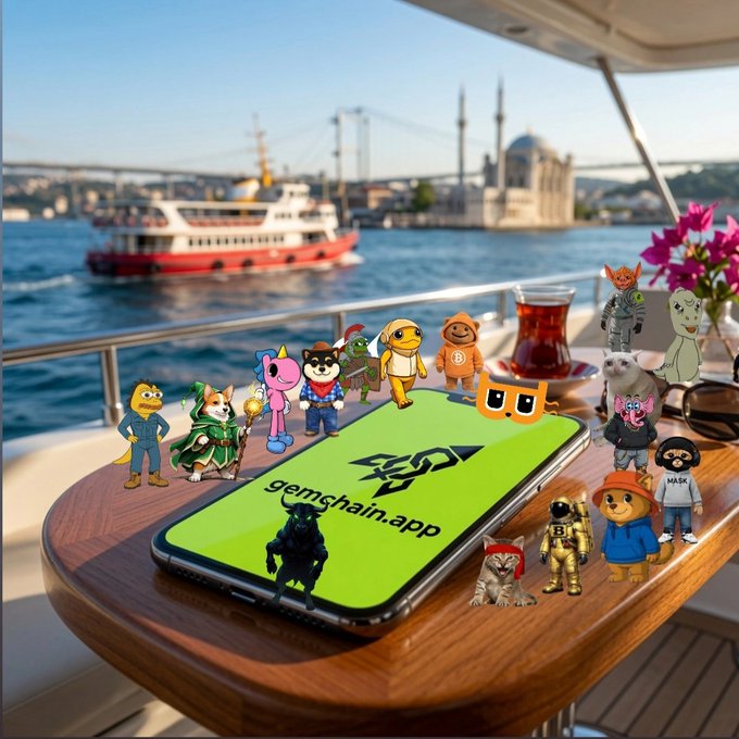 A surreal scene on a boat deck overlooking Istanbul's Bosphorus and a mosque, with various cartoon characters and NFT figures gathered around a smartphone displaying the "gemchain.app" logo.
