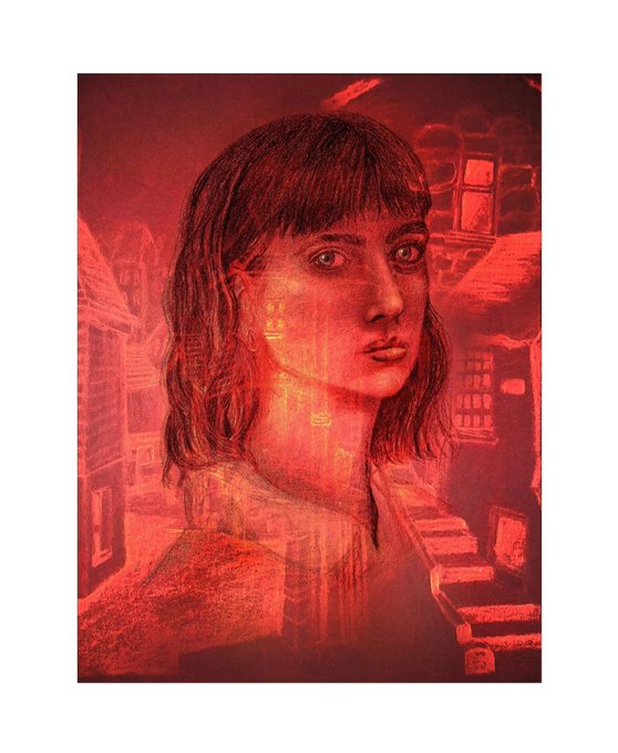 A moody, red-tinted digital art illustration featuring a woman's face overlaid with faint architectural and staircase imagery, evoking a surreal, dreamlike atmosphere.