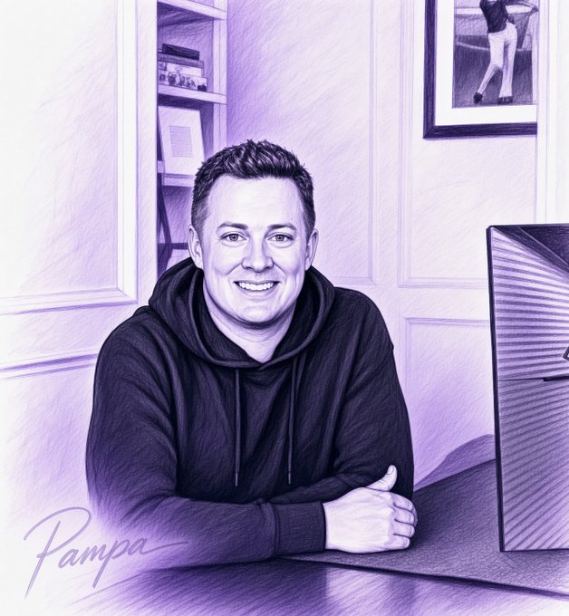 A purple-tinted pencil sketch portrait depicts a smiling man in a hoodie sitting at a desk with a computer monitor, signed 'Pampa' in the lower left corner.