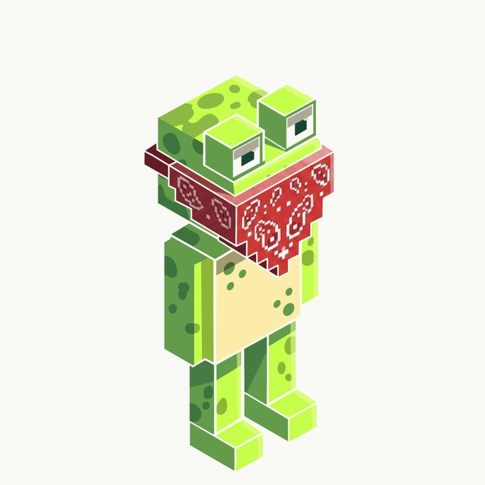 An isometric 3D voxel-style character of a green frog wearing a red bandana with white patterns and tan shorts.