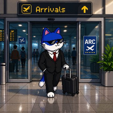An animated illustration of a cat wearing a suit and sunglasses, pulling a suitcase at an airport terminal under an 'Arrivals' sign, with an 'ARC' logo nearby.