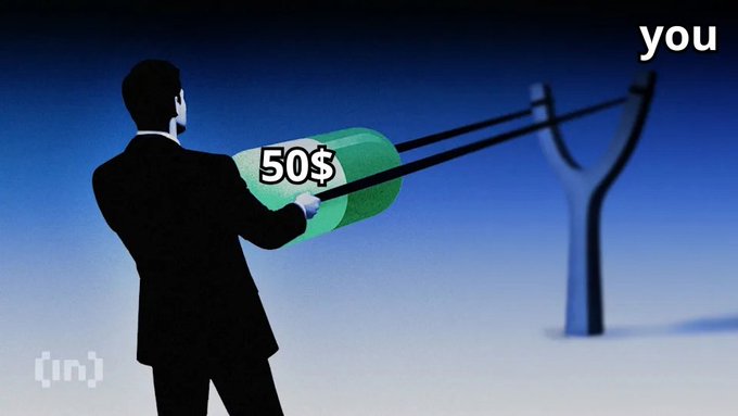 An animated graphic showing a man in a suit using an oversized slingshot to launch a $50 bill toward a slingshot labeled 'you'.