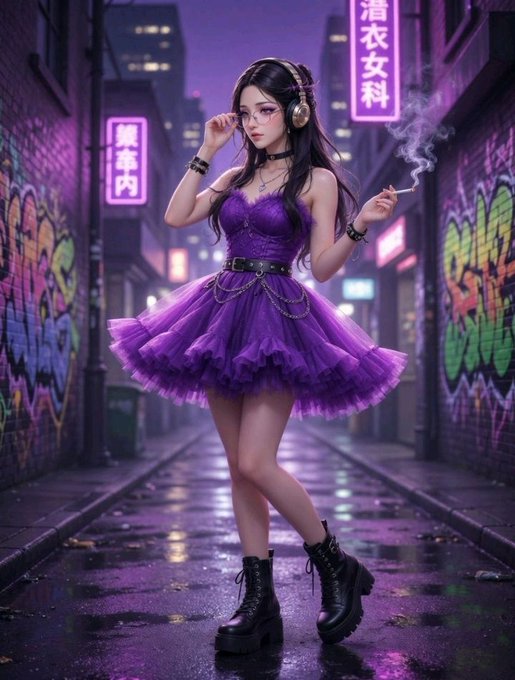 An anime-style illustration of a woman with long dark hair wearing a purple dress and boots, holding a cigarette, standing in a neon-lit graffiti-covered alleyway with Chinese signage.