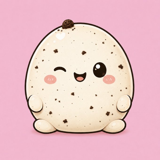 A cute kawaii-style cartoon cookie character with a smiling face, small arms and legs, and chocolate chip speckles, set against a pink background.