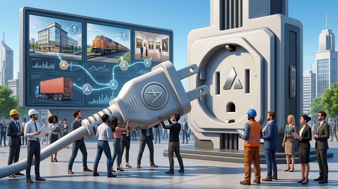 A 3D illustration showing people working together to plug a giant electrical plug into a massive wall socket, with a digital screen in the background.