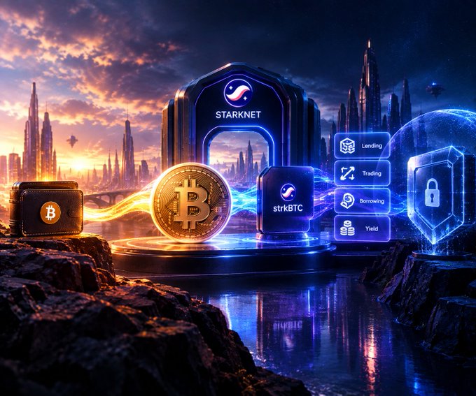 A futuristic digital graphic promoting "STARKNET" with a Bitcoin coin, "strkBTC", and options for "Lending", "Trading", "Borrowing", and "Yield" against a neon cityscape.