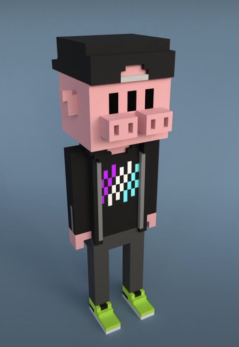 A Meebit NFT character rendered in a blocky, voxel-style design features a pig-like figure wearing a black hat, black shirt with a colorful checkered pattern, and bright green sneakers, set against a blue gradient background. The image illustrates the dramatic decline in value of Meebit #NFT, which sold for $2.1 million in July 2021 but is now worth only $846.