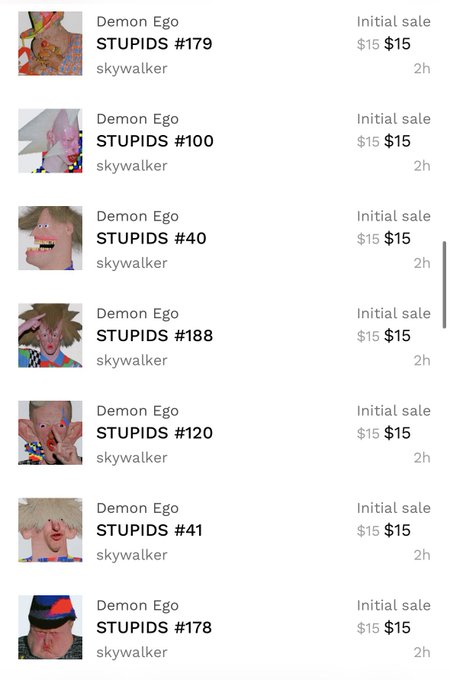A screenshot of an NFT marketplace listing multiple 'Demon Ego STUPIDS' items by 'skywalker' for an initial sale price of $15 each.