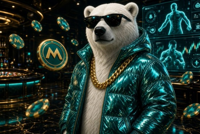 A polar bear wearing sunglasses, a gold chain, and a shiny blue puffer jacket stands in a futuristic, tech-themed room surrounded by floating coins with an 'M' symbol.
