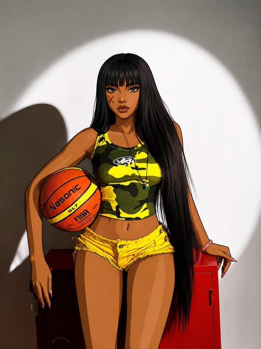 An illustration of a woman with long black hair wearing a camouflage crop top and yellow shorts, holding a Nasonic basketball, with a small red mark on her cheek.