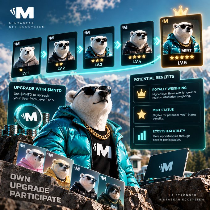 An advertisement for the Mintabear NFT Ecosystem showing progression from Level 1 to Level 5 bears, with benefits including 'Royalty Weighting', 'Mint Status', and 'Ecosystem Utility'.
