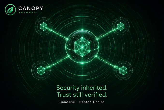 A dark graphic featuring green glowing geometric shapes and interconnected nodes with the text 'CANOPY NETWORK', 'Security inherited. Trust still verified.', and 'CanoTrie · Nested Chains'.