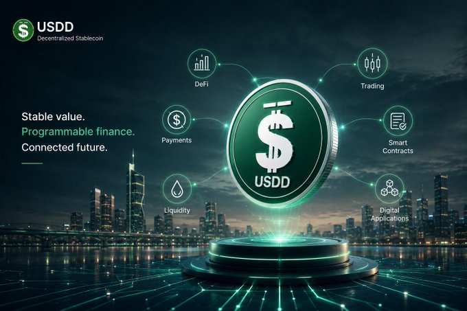 A USDD Decentralized Stablecoin promotional graphic with a glowing coin labeled 'USDD' against a city skyline, listing features: DeFi, Trading, Payments, Smart Contracts, Liquidity, and Digital Applications.