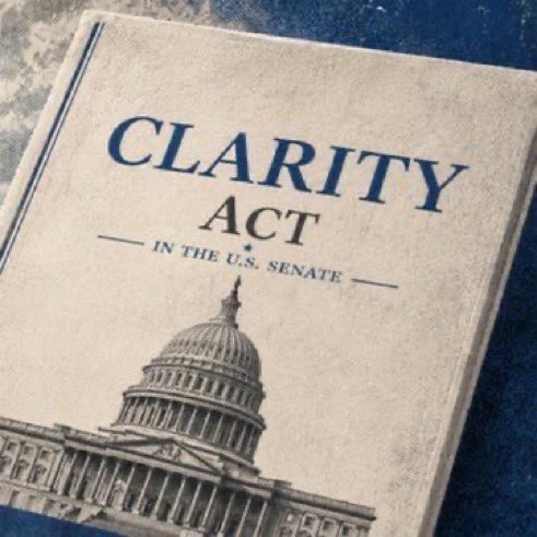 Vintage-style document cover titled "CLARITY ACT IN THE U.S. SENATE" featuring an illustration of the U.S. Capitol building.