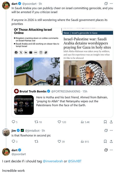 A screenshot of a Twitter/X thread by @poordart discusses Saudi Arabia's complicity in Israel's actions, featuring article headlines about Saudi Arabia detaining worshippers praying for Gaza and a quote about Hotha and Ahmed from Bahrain "praying to Allah" that Netanyahu wipes out Palestinians. The post is a retweet ("rt") sharing this thread about perceived hypocrisy regarding public criticism of Israel.